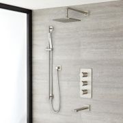Milano Hunston - Triple Diverter Thermostatic Valve, 200mm Square Head, Riser Rail Kit and Spout - Brushed Nickel (3 Outlet)
