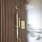 Milano Lyra - Twin Diverter Thermostatic Shower Valve with 300mm Shower Head and Riser Rail with Hand Shower (2 Outlet) - Brushed Brass