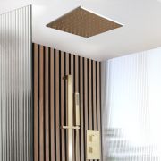 Milano Lyra - Twin Diverter Thermostatic Shower Valve with 400mm Recessed Head and Riser Rail with Hand Shower (2 Outlet) - Brushed Brass