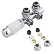 Milano - Chrome H-Block Angled Valve With White TRV Head - 15mm Copper Adapters