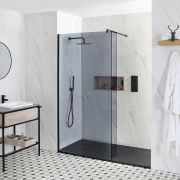 Milano Nero-Luna - Smoked Glass Walk-In Shower Enclosure with Slate Tray - Choice of Sizes and Hinged Return Panel Option