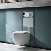 Milano Altham - White Modern Rimless Wall Hung Toilet with Tall Wall Frame - Choice of Flush Plate