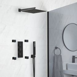 Milano Preto - Black Thermostatic Shower with Diverter, Shower Head, Hand Shower and Body Jets (3 Outlet)