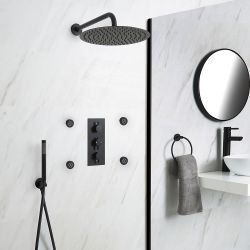 Milano Nero - Black Thermostatic Shower with Diverter, Round Shower Head, Hand Shower and Body Jets (3 Outlet)