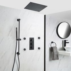 Milano Nero - Black Thermostatic Shower with Recessed Shower Head, Body Jets and Riser Rail with Hand Shower (3 Outlet)