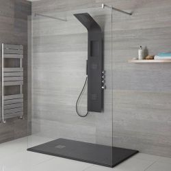 Milano Orton - Modern Exposed Shower Tower Panel with Shelf, Large Shower Head, Hand Shower and Body Jets - Black