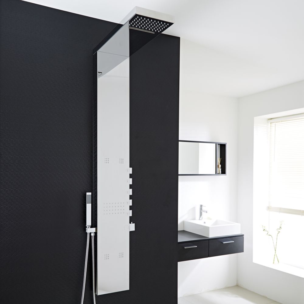 Milano Tahuata - Modern Exposed Thermostatic Shower Tower Panel with Large Shower Head, Hand Shower and Body Jets - Chrome