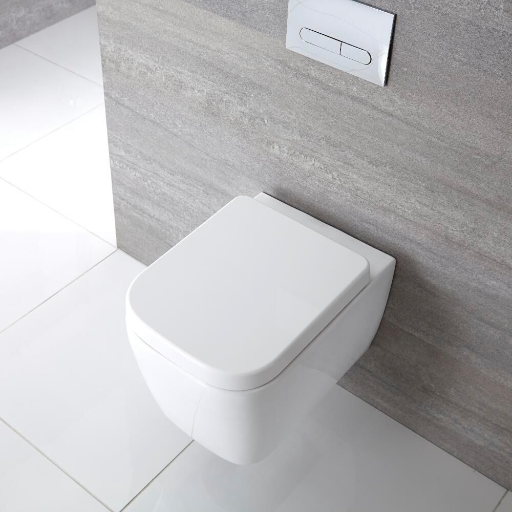 Milano Longton - White Modern Square Wall Hung Toilet with Soft Close Seat