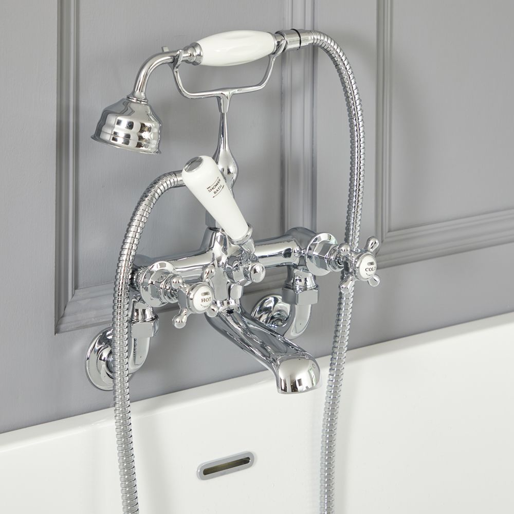Milano Elizabeth - Traditional Wall Mounted Crosshead Bath Shower Mixer Tap - Chrome and White