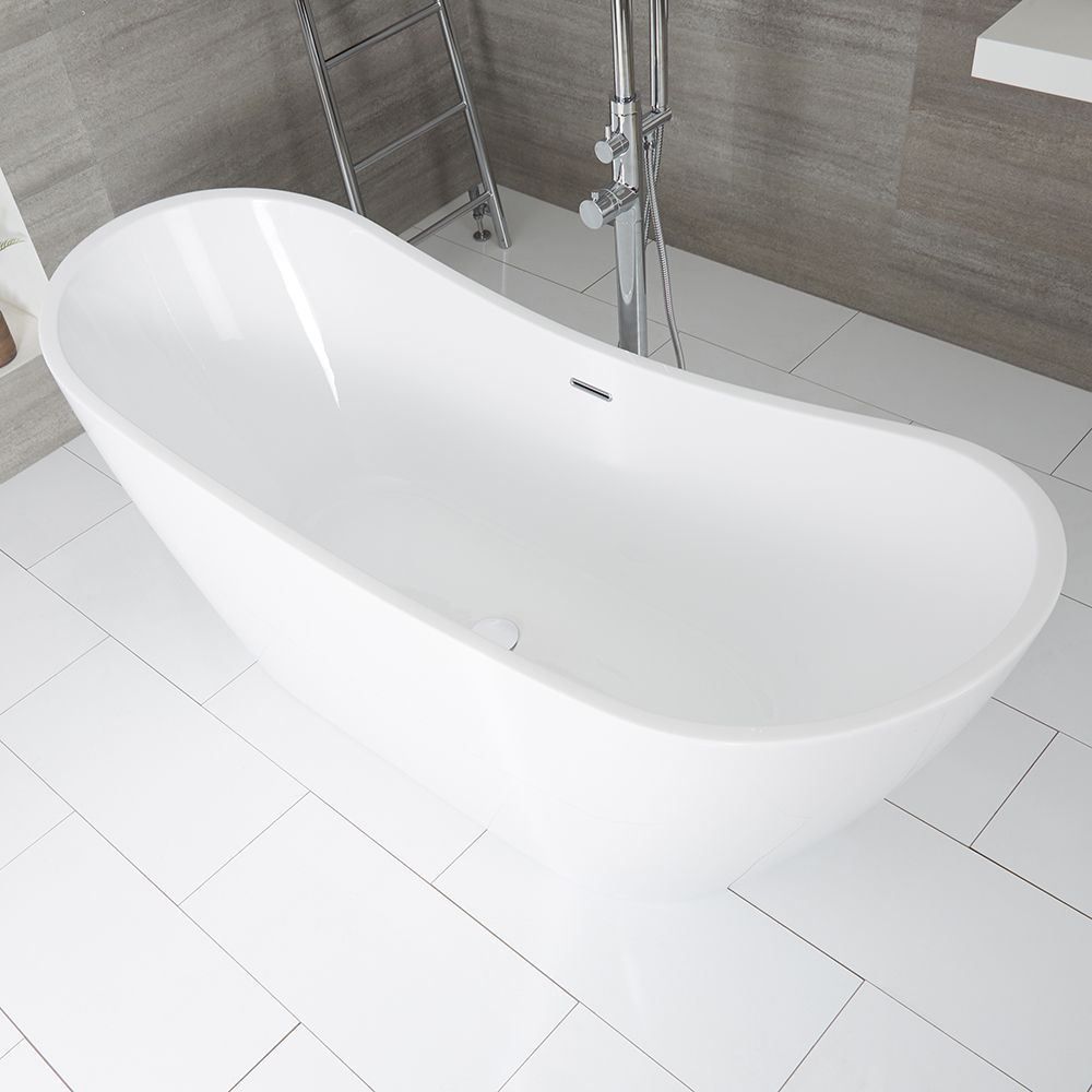 Milano Overton - White Modern Oval Double-Ended Freestanding Bath - 1830mm x 710mm - Choice of Overflow Finish
