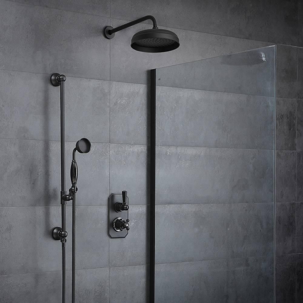 Milano Elizabeth - Black Traditional Thermostatic Shower with Diverter, Shower Head, Hand Shower and Riser Rail (2 Outlet)