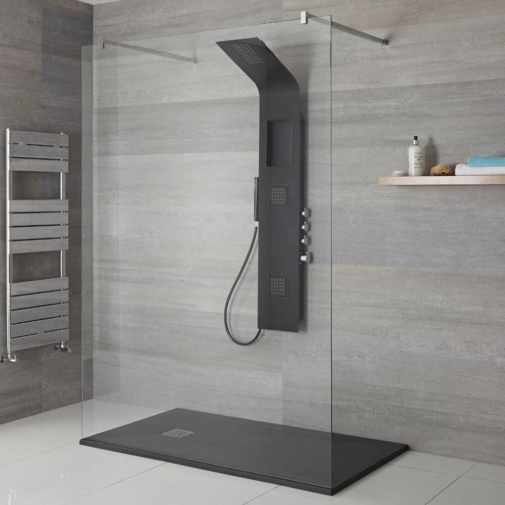 Milano Orton - Modern Exposed Shower Tower Panel with Shelf, Large Shower Head, Hand Shower and Body Jets - Black