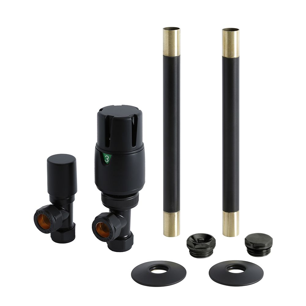 Milano - Modern Thermostatic Angled Radiator Valve and Pipe Set - Black