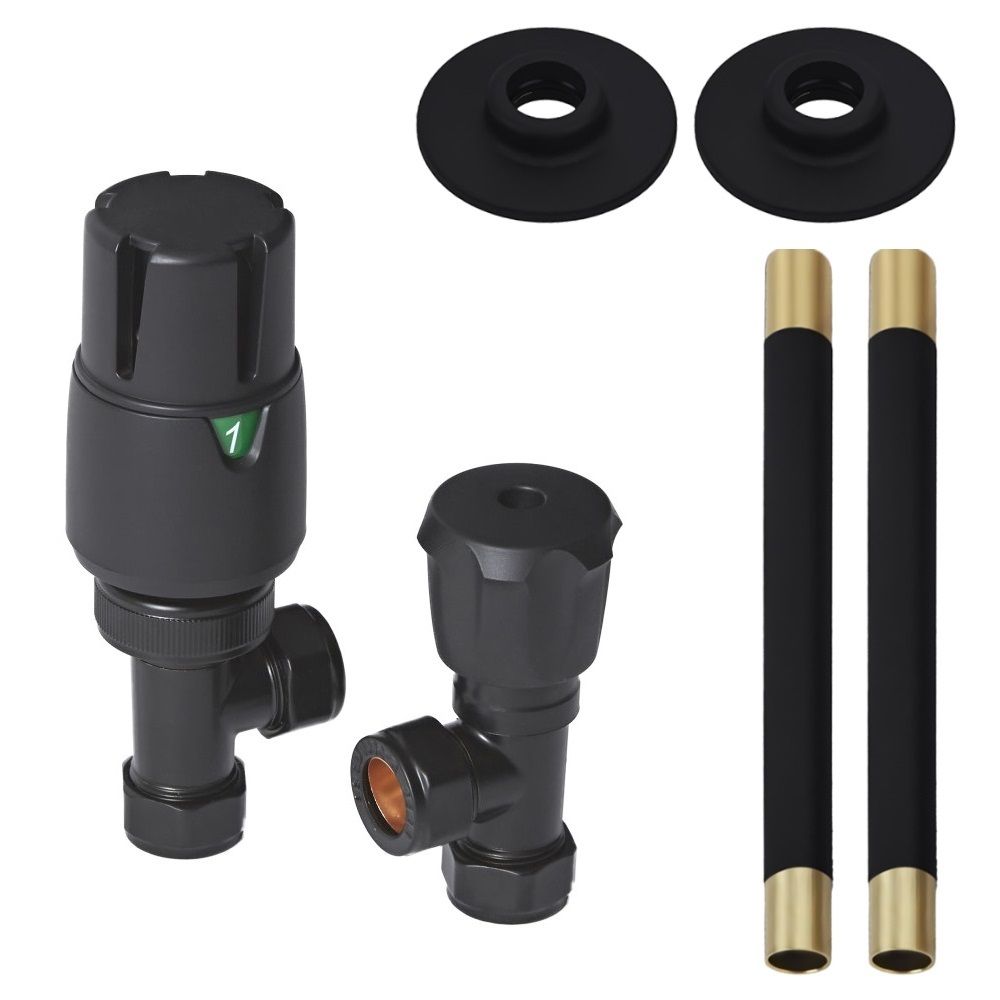 Milano - Modern Black Thermostatic Angled Radiator Valve and Pipe Set