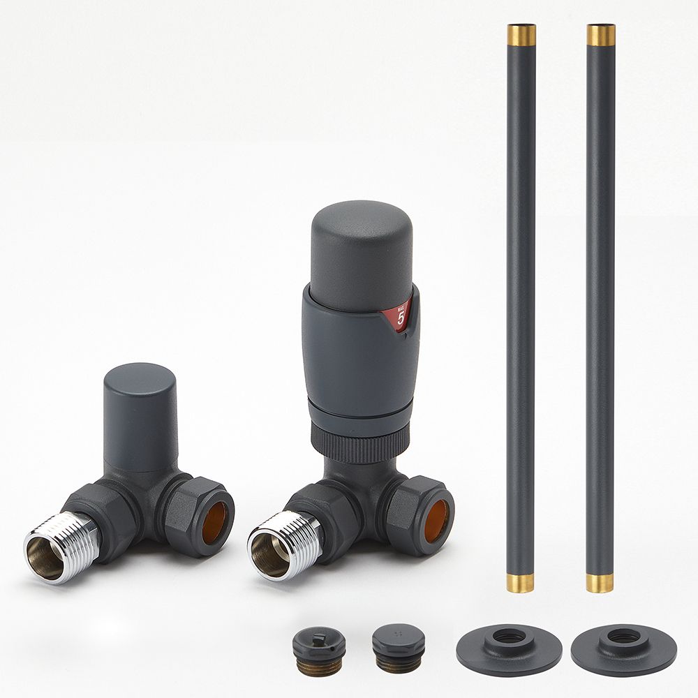 Milano - Modern Corner Thermostatic Radiator Valve and Pipe Set - Anthracite