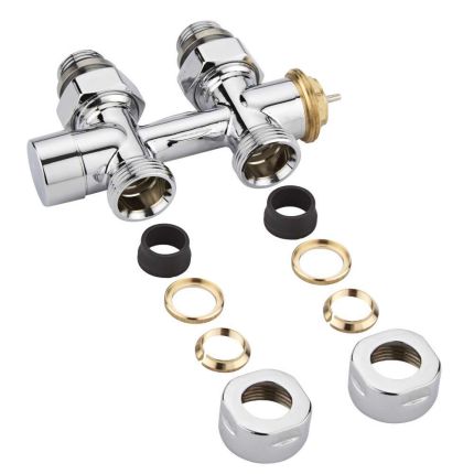 Milano - Chrome Thermostatic H-Block Straight Radiator Valves - 15mm Copper Euro Cone Adapters