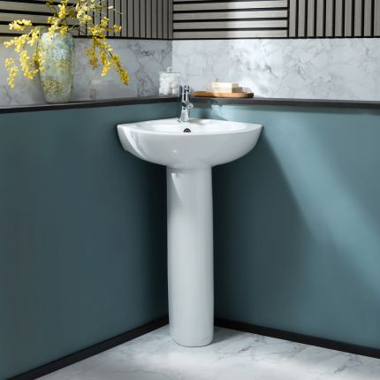Milano Newby - Modern 560mm Corner Basin with Full Pedestal (1 Tap Hole)