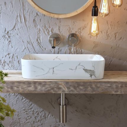 Milano Rivington - Marble Effect Rectangular Countertop Basin - 500mm x 370mm (No Tap Holes)