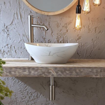 Milano Altham - Marble Effect Oval Countertop Basin - 405mm x 330mm (No Tap Holes)