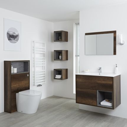 Milano Bexley - Dark Oak Modern 800mm Vanity Unit, WC Unit, Rivington Pan, Three Storage Units and Mirror