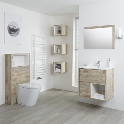 Milano Bexley - Light Oak Modern 600mm Open Shelf Vanity Unit, WC Unit and Rivington Back to Wall Pan