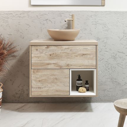 Milano Bexley - 800mm Wall Hung Open Shelf Vanity Unit with Elements Countertop Basin - Choice of Basin, Finish and LED Light