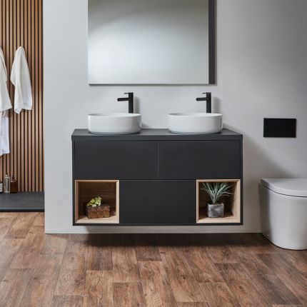 Milano Bexley - 1200mm Wall Hung Open Shelf Vanity Unit - Choice of Basin, Finish and LED Light