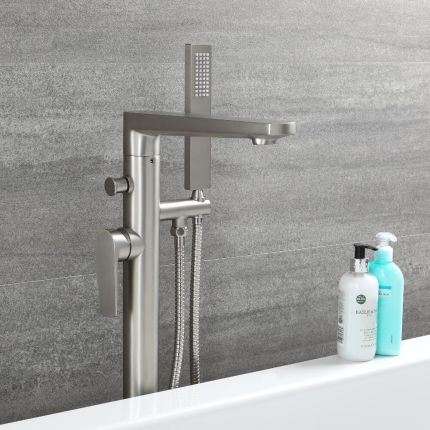 Milano Hunston - Modern Freestanding Bath Shower Mixer Tap with Hand Shower - Brushed Nickel