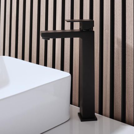 Milano Preto - Modern High Rise Mono Basin Mixer Tap - Black