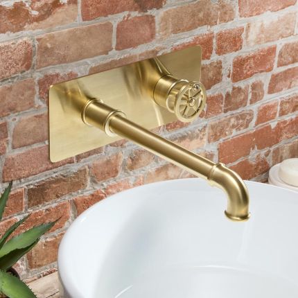Milano Zandra - Industrial Style Wall Mounted Basin Mixer Tap - Brushed Brass