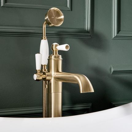 Milano Elizabeth - Traditional Freestanding Mono Bath Shower Mixer Tap with Hand Shower - Brushed Brass