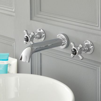Milano Elizabeth - Traditional Wall Mounted 3 Tap-Hole Crosshead Basin Mixer Tap - Chrome and Black