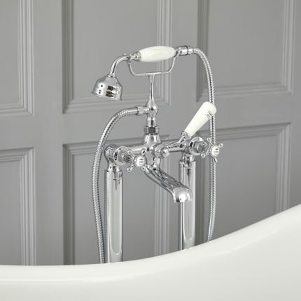 Milano Elizabeth - Traditional Freestanding Crosshead Bath Shower Mixer Tap with Hand Shower - Chrome and White