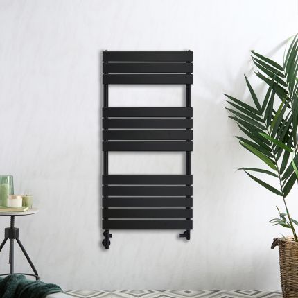 Milano Lustro - Dual Fuel Designer Black Flat Panel Heated Towel Rail - Choice of Size and Cable Cover