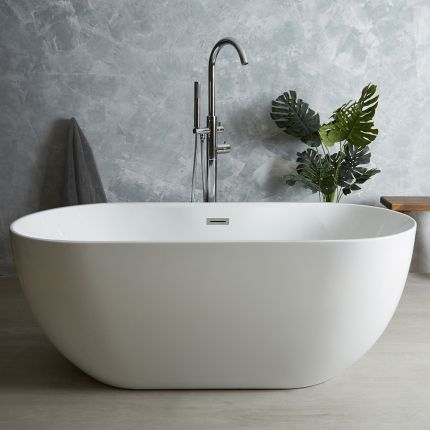 Milano Overton - White Modern Oval Double-Ended Freestanding Bath - Choice of Size and Overflow Finish