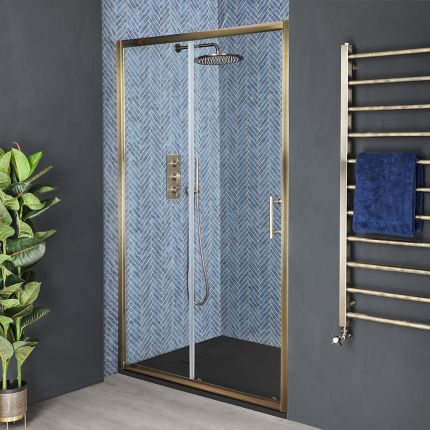 Milano Monet - Antique Brass Sliding Shower Door with Slate Tray - Choice of Sizes