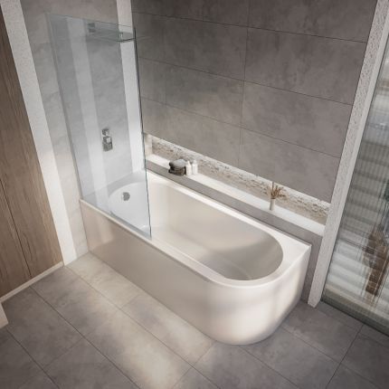 Milano Overton - 1700mm x 725mm Modern J-Shaped Corner Shower Bath - Choice of Screen and Left / Right Hand Options