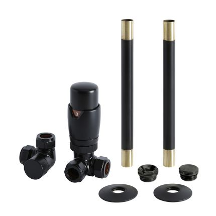 Milano - Modern Corner Thermostatic Radiator Valve and Pipe Set - Black