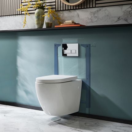 Milano Irwell - White Modern Rimless Wall Hung Toilet with Short Wall Frame - Choice of Flush Plate