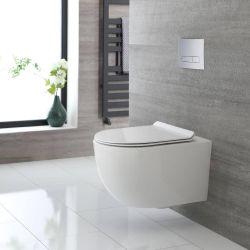 Milano Overton - White Modern Round Wall Hung Rimless Toilet with Soft Close Seat
