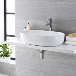 Milano Overton - White Modern Oval Countertop Basin with High Rise Mixer Tap - 590mm x 425mm