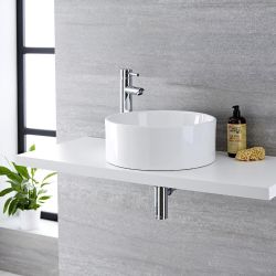 Milano Ballam - White Modern Round Countertop Basin with High Rise Mixer Tap - 400mm x 400mm