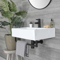 Milano Elswick - White Modern 605mm x 430mm Rectangular Wall Hung Basin with Black Towel Rail