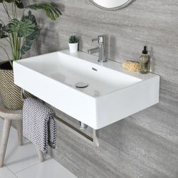 Milano Elswick - White Modern 750mm x 420mm Rectangular Wall Hung Basin with Chrome Towel Rail