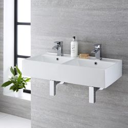 Milano Dalton - White Modern Double Rectangular Wall Hung Basin - 820mm x 420mm (2 Tap-Holes)