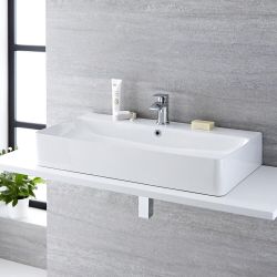 Milano Farington - White Modern Rectangular Countertop Basin - 800mm x 415mm (1 Tap-Hole) - with Chrome Overflow