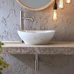 Milano Altham - Marble Effect Oval Countertop Basin - 405mm x 330mm (No Tap Holes)