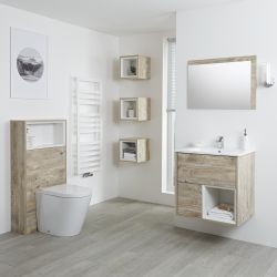 Milano Bexley - Light Oak Modern 600mm Open Shelf Vanity Unit, WC Unit and Rivington Back to Wall Pan