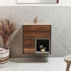 Milano Bexley - 612mm Wall Hung Open Shelf Vanity Unit with Elements Basin - Choice of Basin, Finish and LED Light