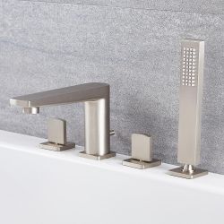 Milano Hunston - 4 Tap-Hole Modern Deck Mounted Bath Shower Mixer Tap with Hand Shower - Brushed Nickel
